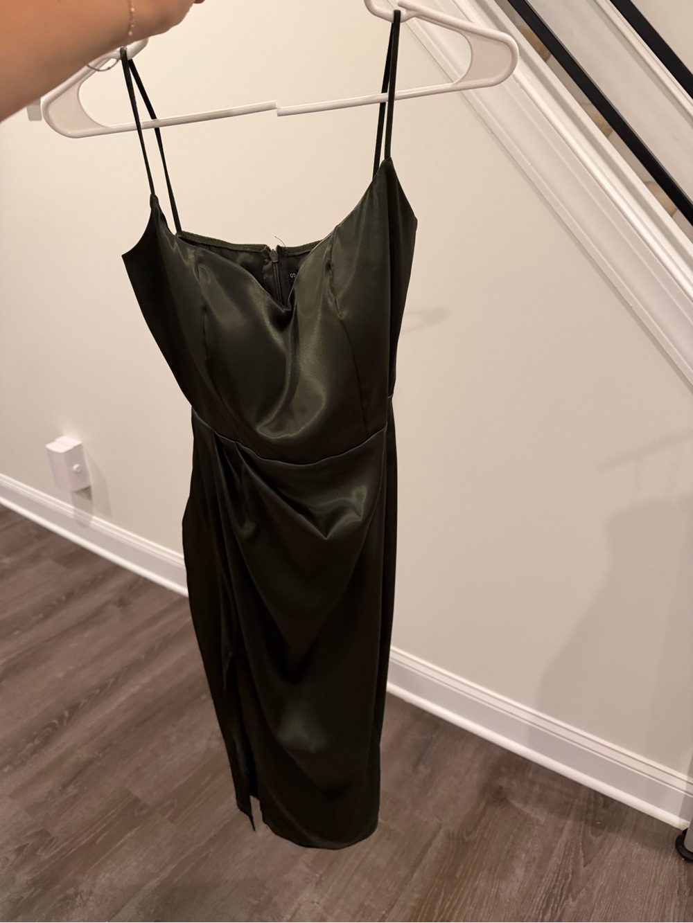 Windsor Olive Green Satin Midi Slip Dress with Draped Front